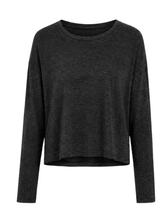 A dark charcoal gray long-sleeve crewneck top, shown against a plain white background.
