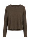 A dark brown long-sleeve knit top with a relaxed, cropped fit and a crew neckline, shown against a plain white background.