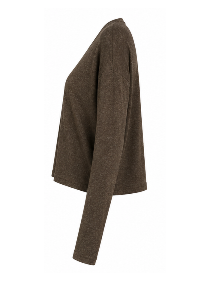 A cropped, long-sleeve knit top in a heathered dark brown color, shown from a side profile view against a plain white background.