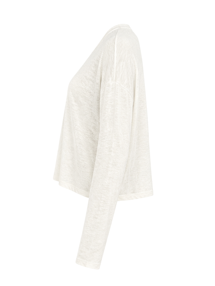 A long-sleeve cropped knit top in a textured off-white or cream color, shown from a side profile view against a plain white background.