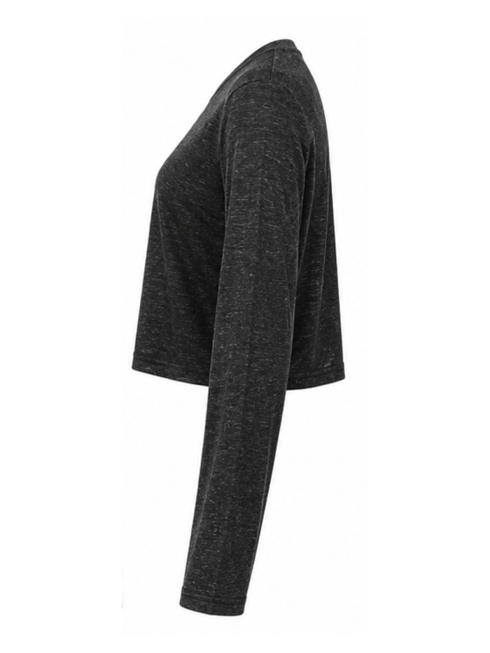A dark charcoal black hemp bamboo long-sleeve crop top with a crew neck, displayed on a clean white background.