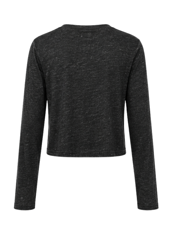 A dark charcoal black hemp bamboo long-sleeve crop top with a crew neck, displayed on a clean white background.