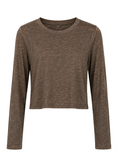 A cocoa brown hemp bamboo long-sleeve crop top with a crew neck, displayed on a clean white background.