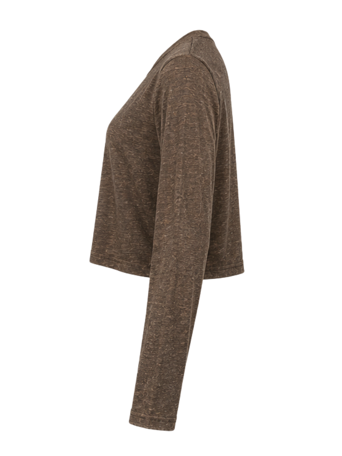 A side-profile view of a women's long-sleeve knit top in a heathered brown color, shown against a plain white background.