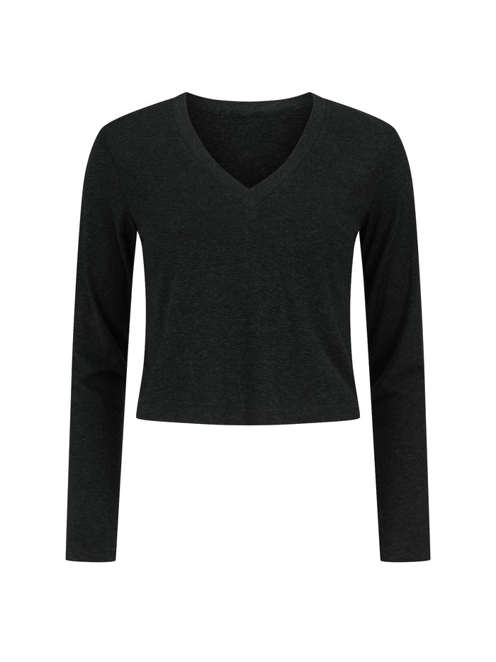 Hemp / Bamboo Relaxed Long Sleeve Vee Tee - Crop - Black