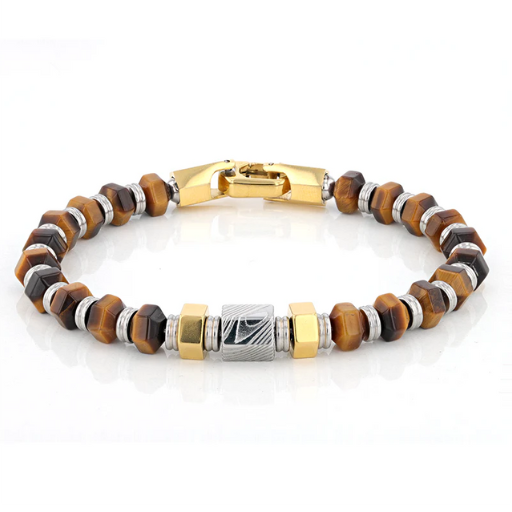 Hexagonal Tiger Eye Stone and Damascus Steel Bead Bracelet With Stainless Steel  9 Inch
