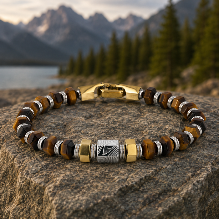 Hexagonal Tiger Eye Stone and Damascus Steel Bead Bracelet With Stainless Steel  9 Inch