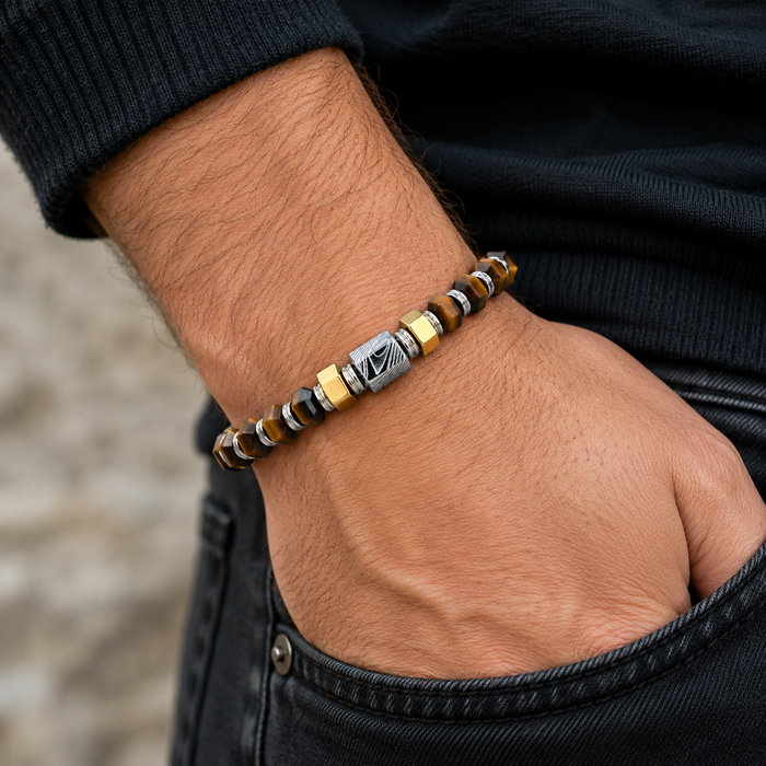 Hexagonal Tiger Eye Stone and Damascus Steel Bead Bracelet With Stainless Steel  9 Inch