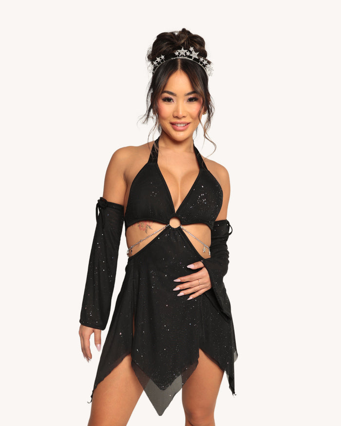 Holo Star Mesh Halter Dress with Sleeves
