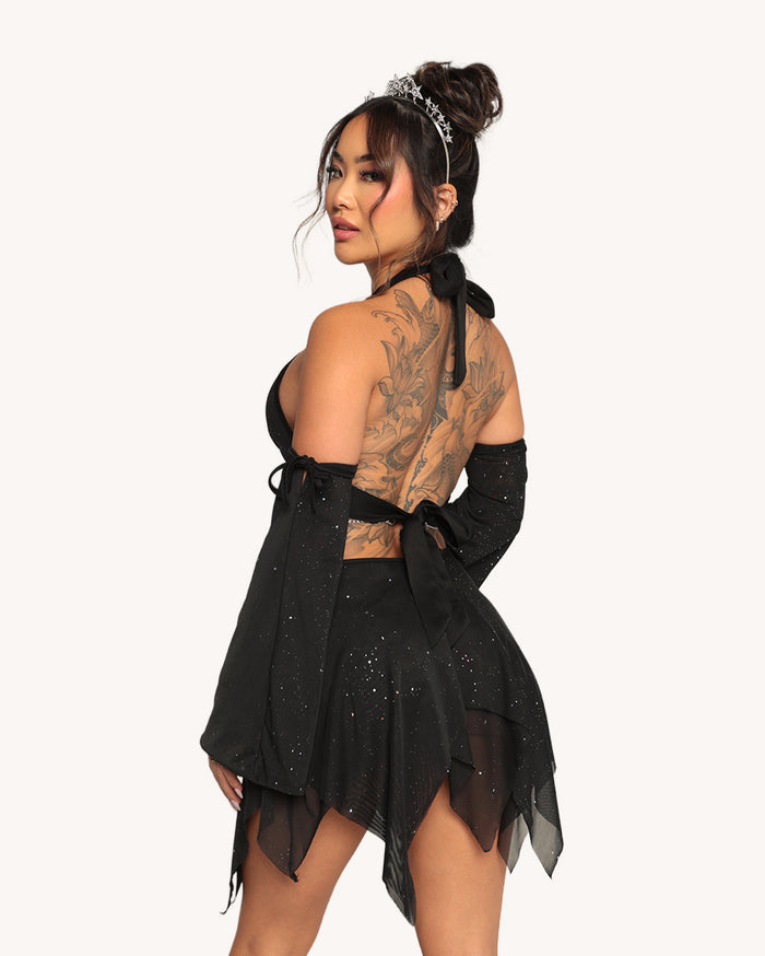 Holo Star Mesh Halter Dress with Sleeves