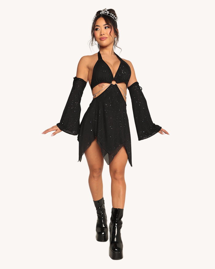 Holo Star Mesh Halter Dress with Sleeves