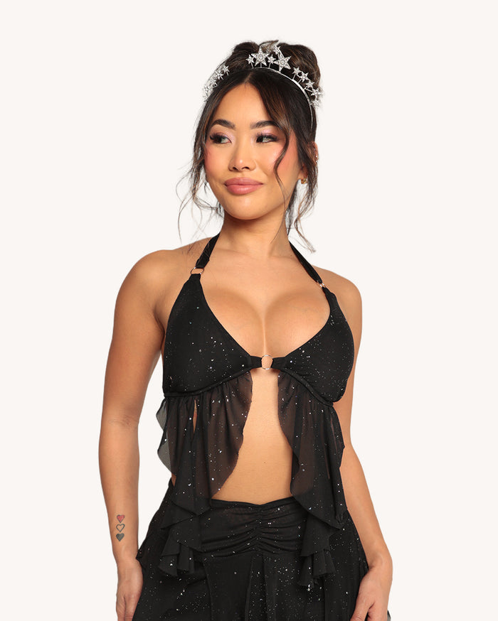 Holo Star Mesh Halter Ruffle Top