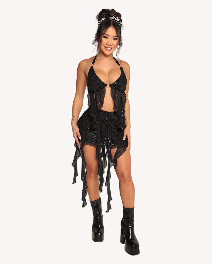 Holo Star Mesh Halter Ruffle Top