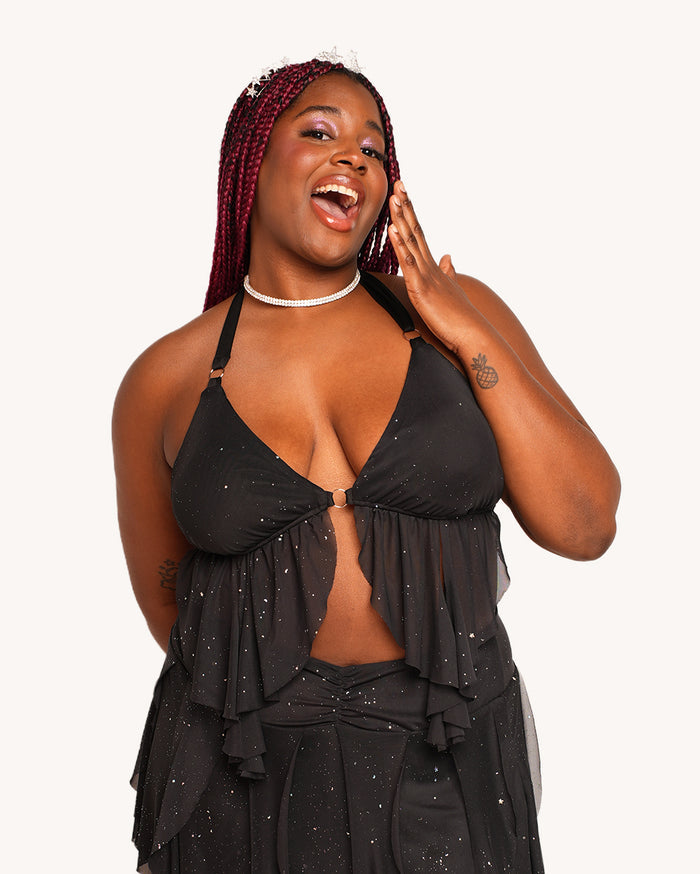 Holo Star Mesh Halter Ruffle Top