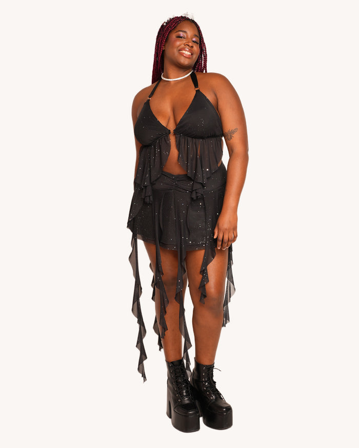 Holo Star Mesh Halter Ruffle Top