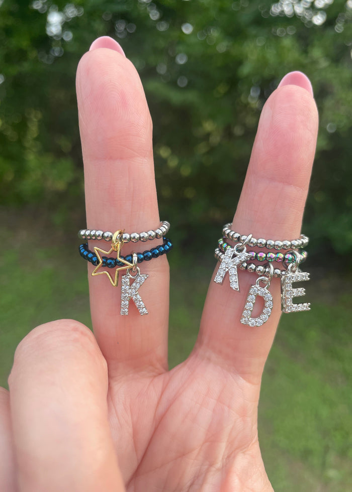 Initial Stretch Bead Ring in Rainbow Steel | Pre-Order