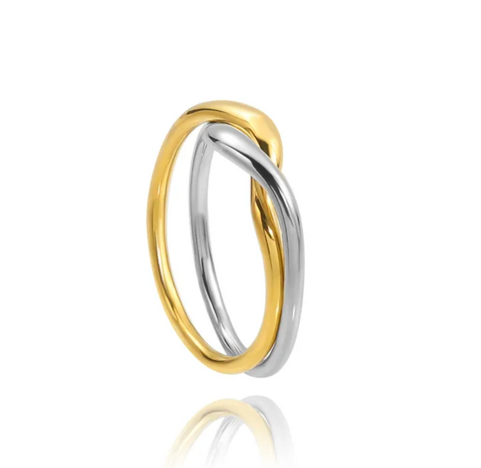 Interwoven Mixed Metal Ring with intertwined stainless steel bands and 18kt gold plating on a white background.