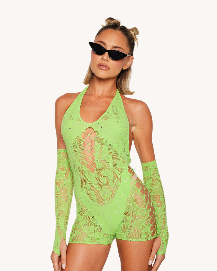 Jurassic Queen Rhinestone Romper with Sleeves