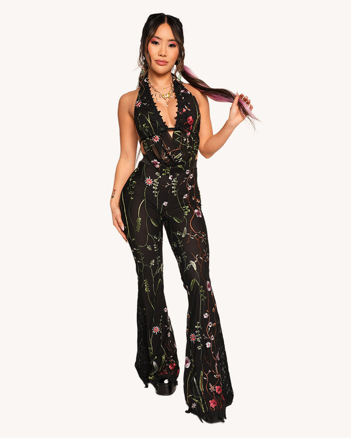 Lace Flower Fields Stretch Bell Bottoms