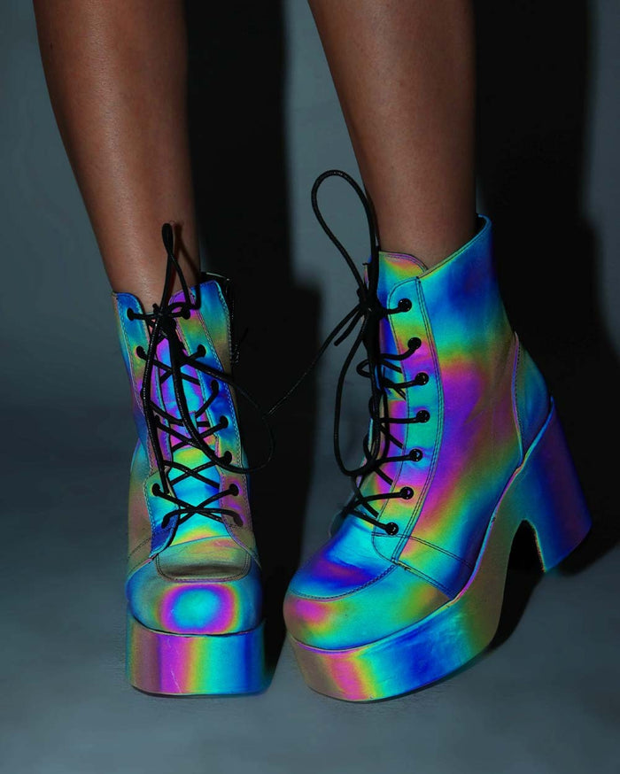 Look At Me Rainbow Reflective Lace Up Boots-Rainbow-Rainbow Reflective
