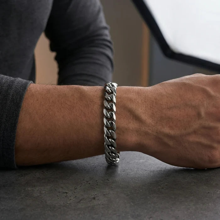 Men's Stainless Steel 14mm Chain Bracelet 9in (Silver-Gold-Black)