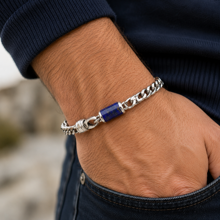 Men's Stainless Steel Woven Chain Bracelet With Lapis Inlay Stone 9 Inch