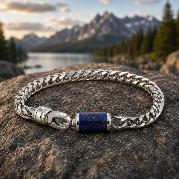Men's Stainless Steel Woven Chain Bracelet With Lapis Inlay Stone 9 Inch
