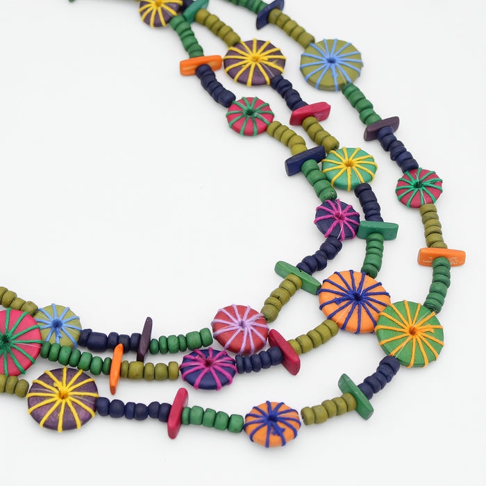 Colorful beaded necklace on a white background