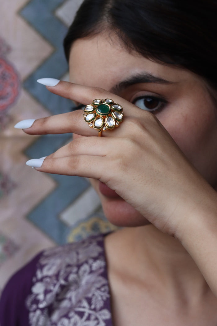 Nainika Free Sized, Adjustable Gold Plated Kundan Ring