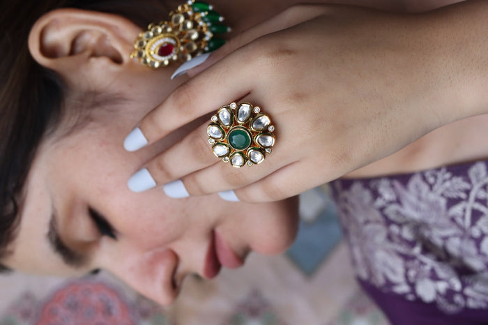 Nainika Free Sized, Adjustable Gold Plated Kundan Ring