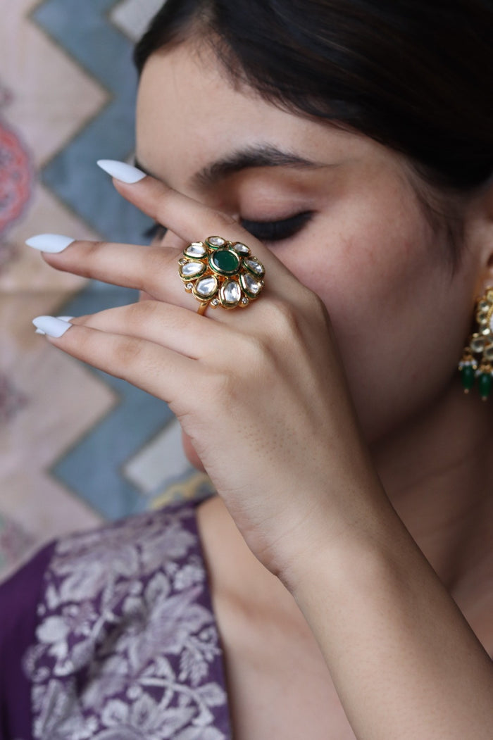Nainika Free Sized, Adjustable Gold Plated Kundan Ring