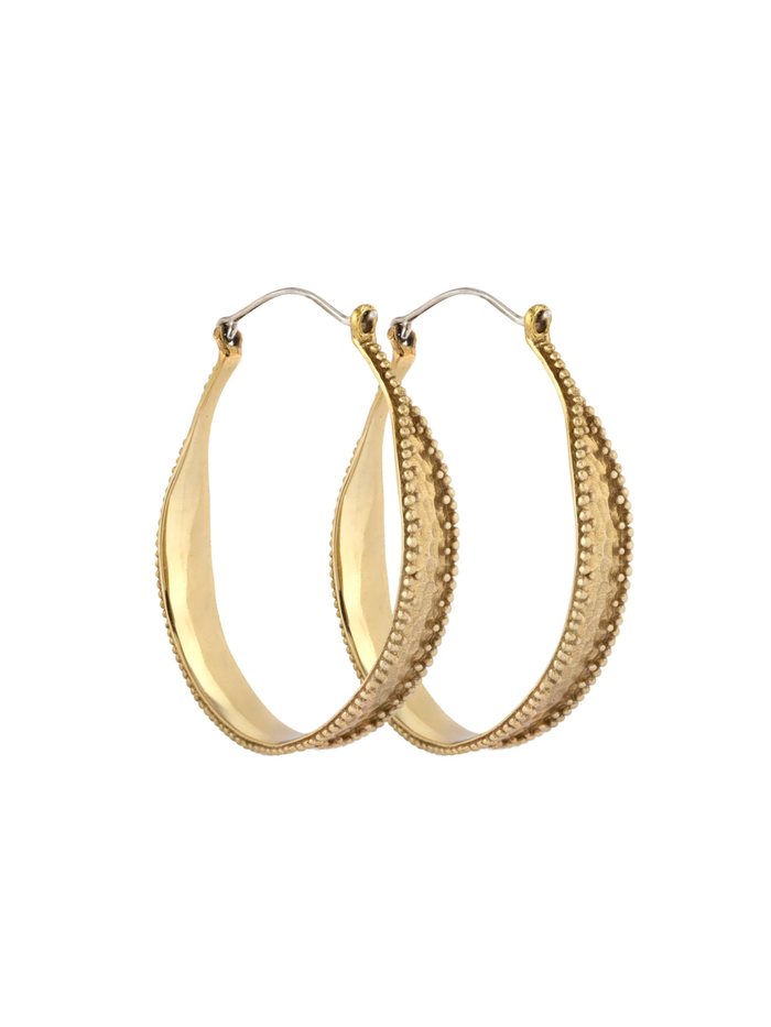 Gold brass hoop earrings on a white background