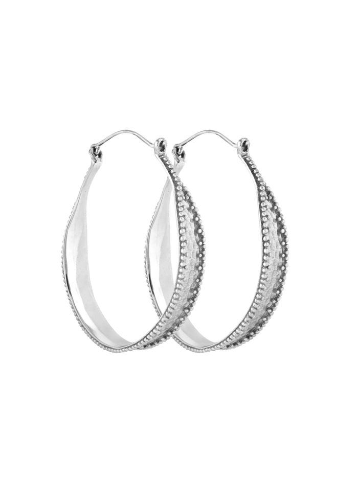 Pair of silver hoop earrings on a white background