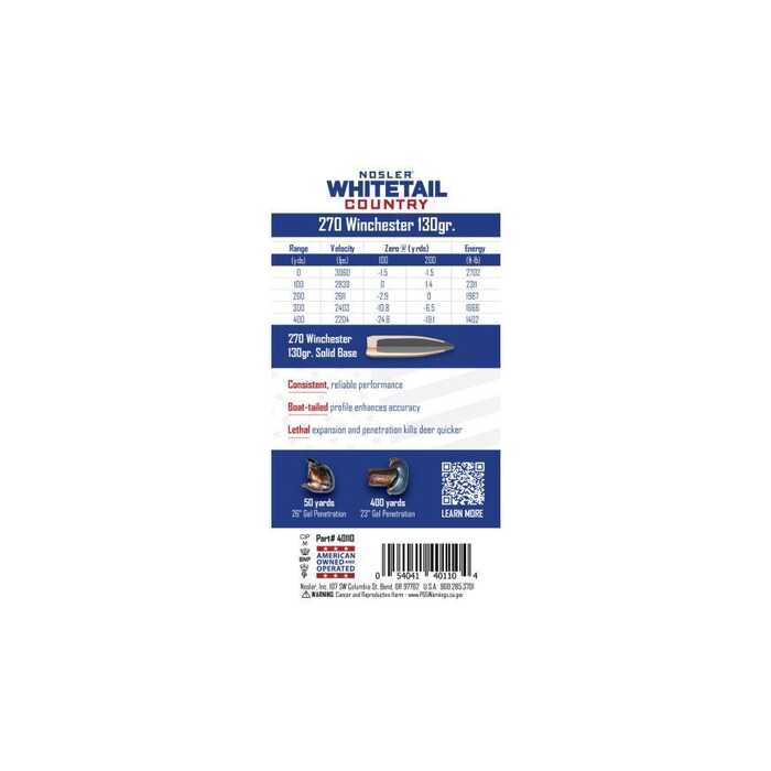 Nosler Ammunition 270 Winchester 130 Grain Solid Base Spitzer Boattail 20 Count