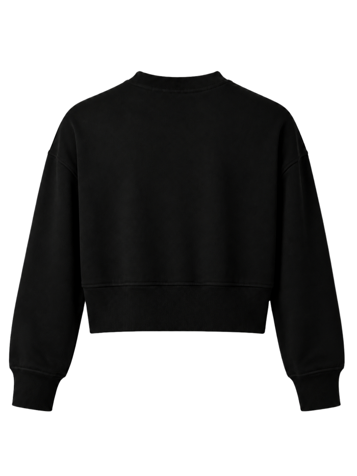 A black cropped crewneck sweatshirt with long sleeves and ribbed cuffs, shown from the back on a plain white background.