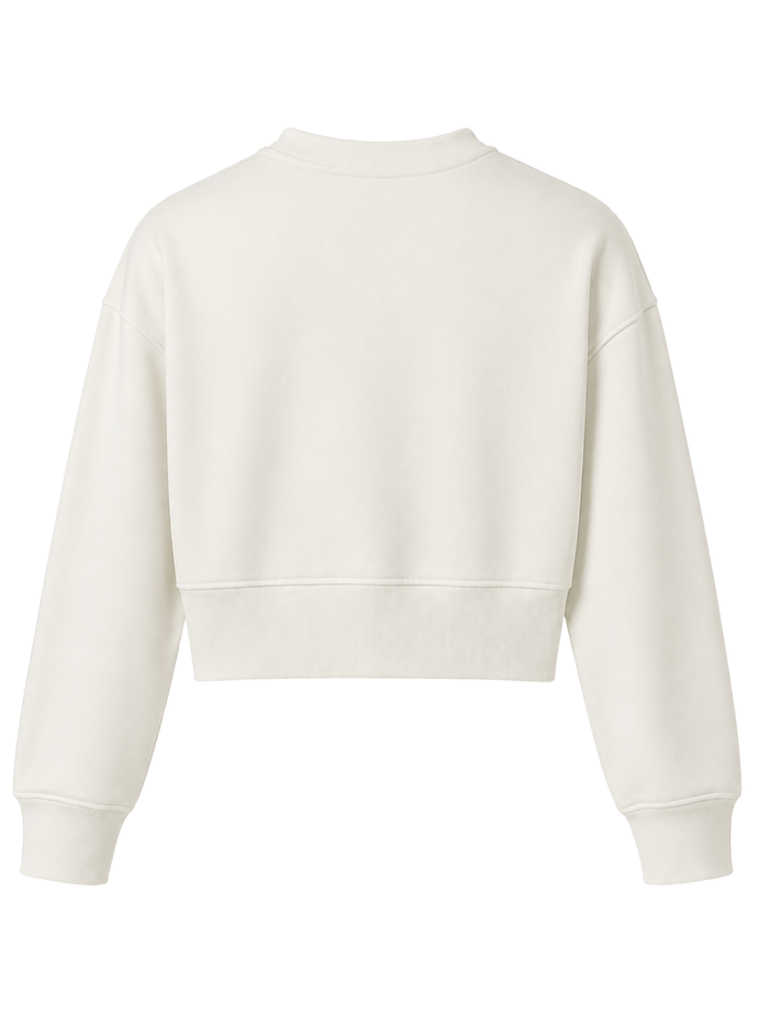 A cropped long-sleeve sweatshirt in a warm off-white or cream color, shown from the back against a plain white background.