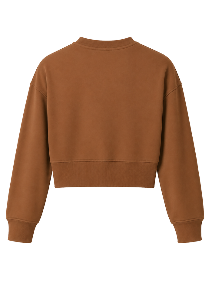 A cropped long-sleeve sweatshirt in a warm camel brown color, shown from the back on a plain white background.