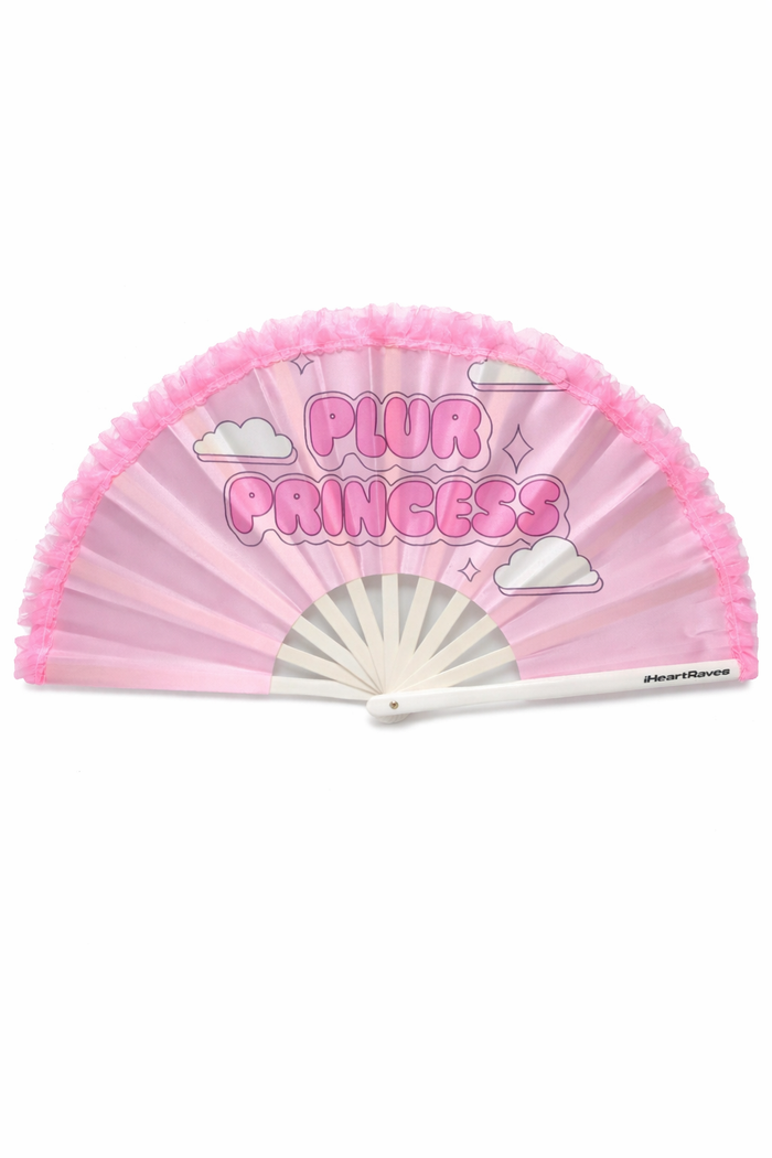 Pink hand fan with 'PLUR PRINCESS' text on a white background