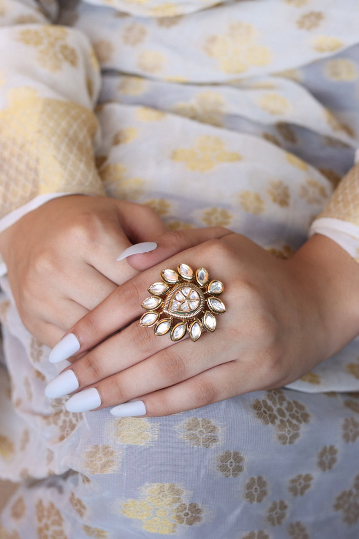 Raakhi Free Sized, Adjustable Gold Plated Kundan Ring