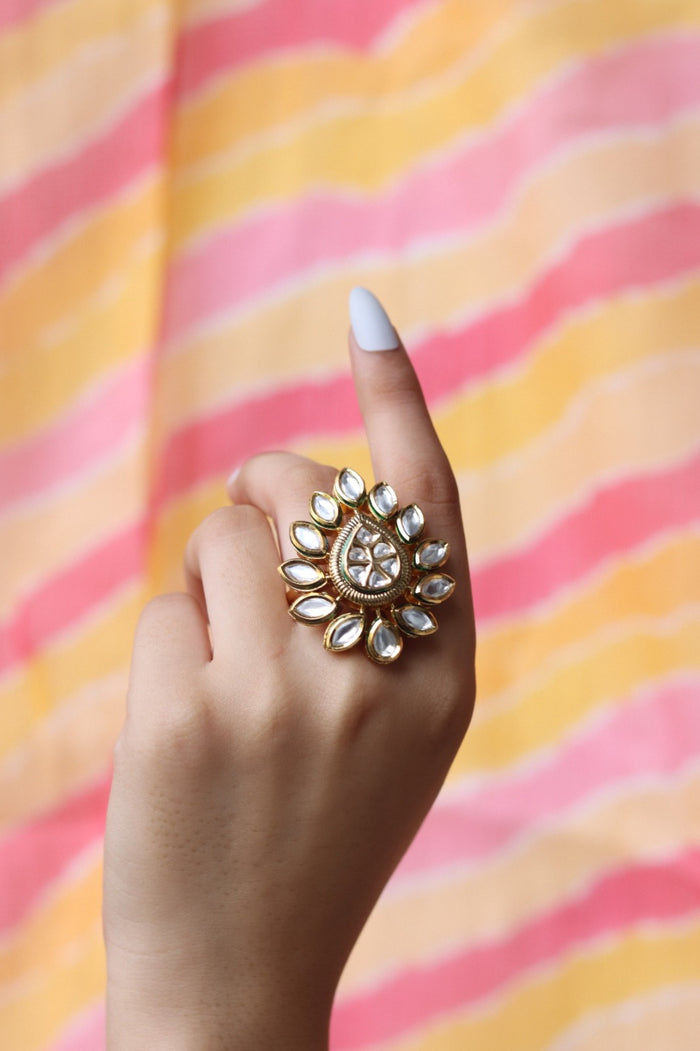 Raakhi Free Sized, Adjustable Gold Plated Kundan Ring