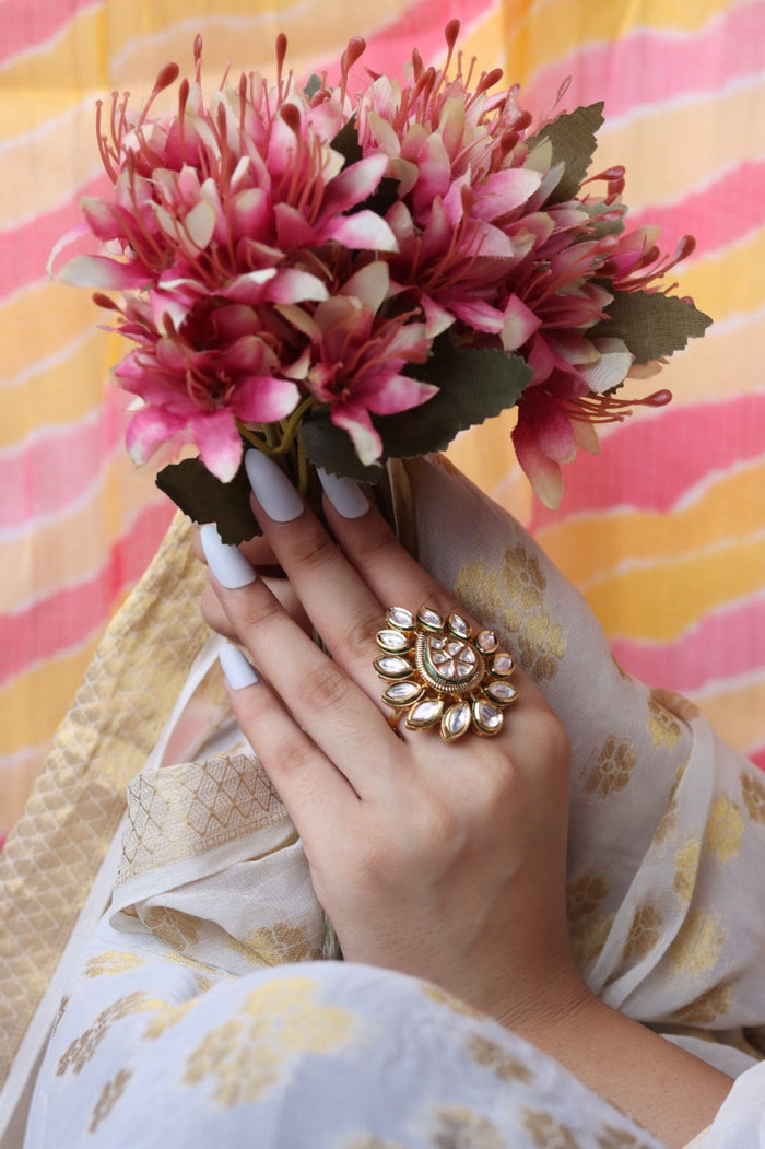 Raakhi Free Sized, Adjustable Gold Plated Kundan Ring