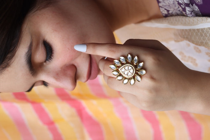 Raakhi Free Sized, Adjustable Gold Plated Kundan Ring