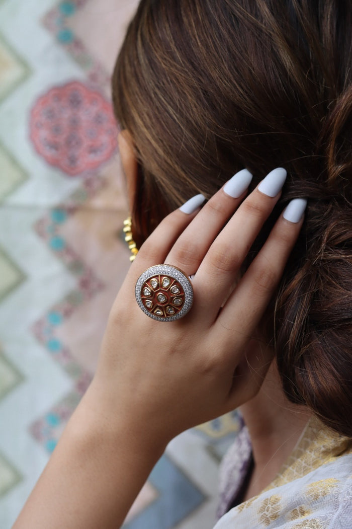 Rachany Free Sized, Adjustable Gold Plated Kundan Ring