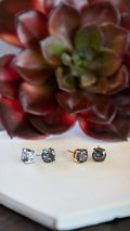 VEITA Jewelry Rainbow Quartz Studs featuring colorful gemstones and zircon accents displayed beside a succulent