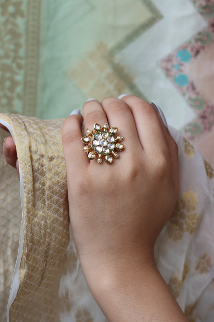 Satvika Free Sized, Adjustable Gold Plated Kundan Ring