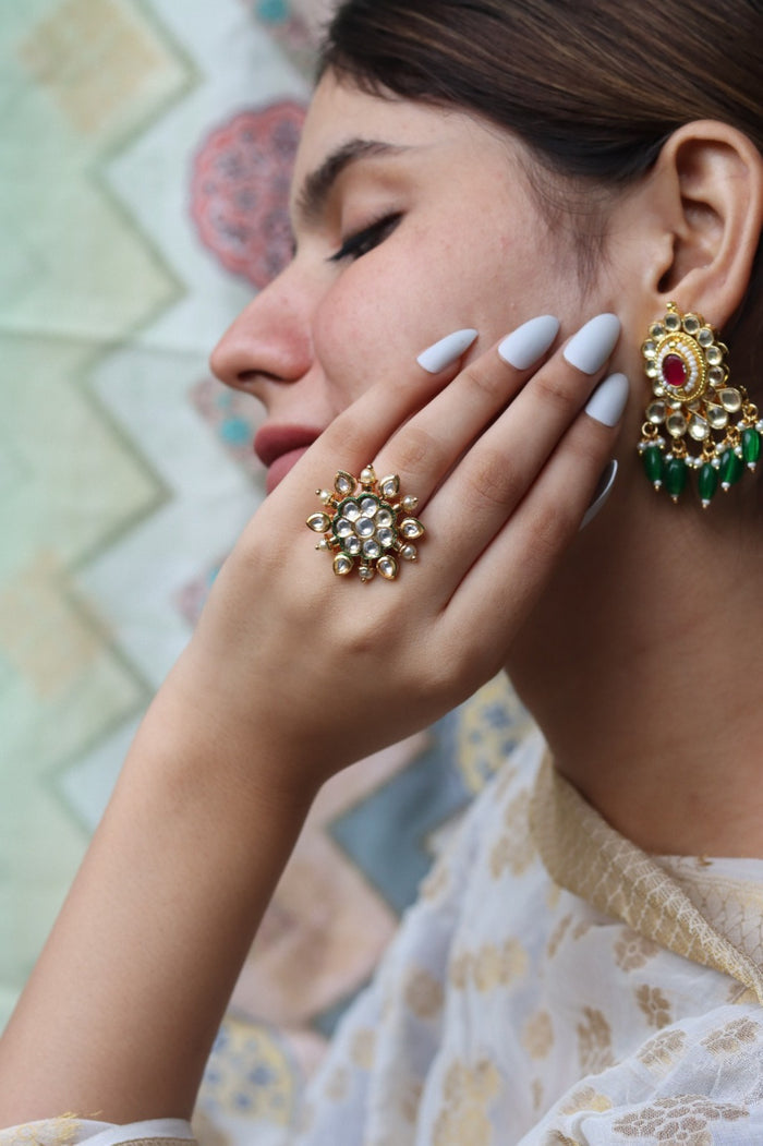 Satvika Free Sized, Adjustable Gold Plated Kundan Ring