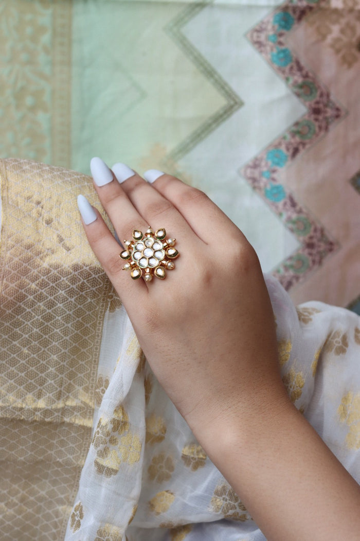 Satvika Free Sized, Adjustable Gold Plated Kundan Ring
