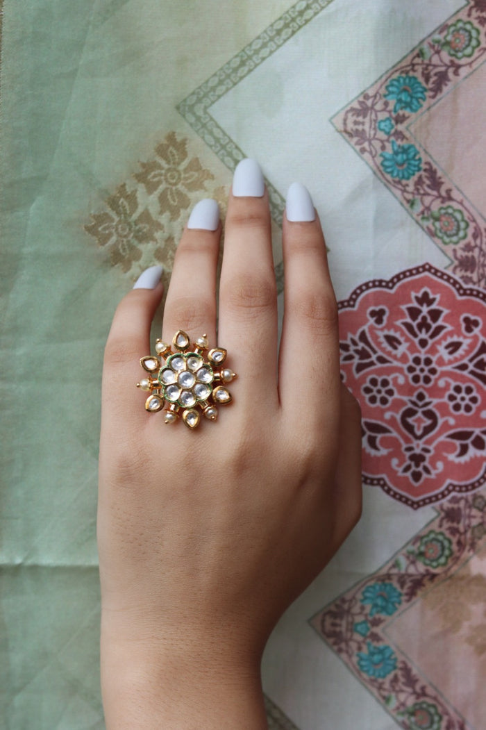Satvika Free Sized, Adjustable Gold Plated Kundan Ring