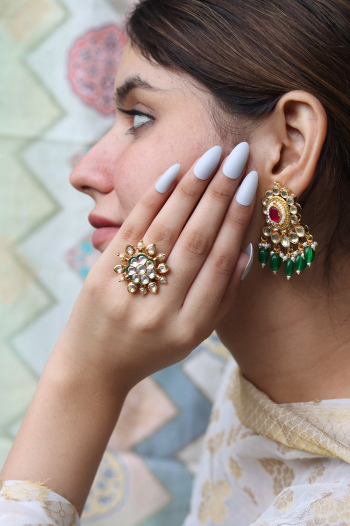 Satvika Free Sized, Adjustable Gold Plated Kundan Ring