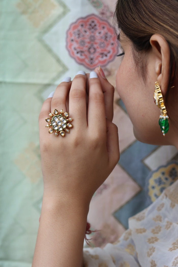 Satvika Free Sized, Adjustable Gold Plated Kundan Ring